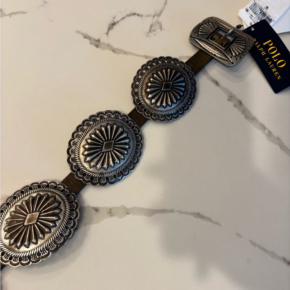 Polo Ralph Lauren Western Distressed Leather Metal Accent Belt Olive Small NWT - Picture 6 of 11